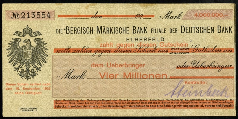 RHEINLAND. 
Elberfeld, Bergisch Märkische Bank. 2x 4 Mio. Mark o.D -31.8.1923 m...