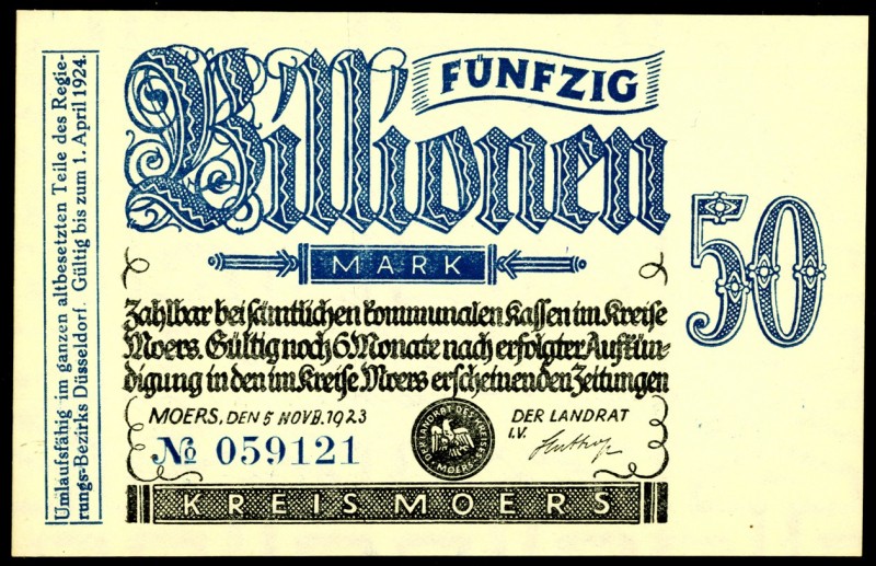 RHEINLAND. 
Moers, Kreis. 50 Bio. Mark 5.11.1923. v.E. 965.37. . 

I