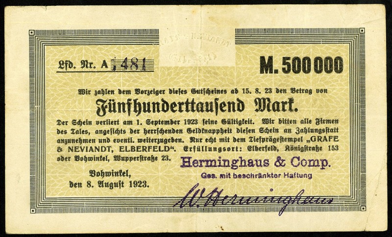 RHEINLAND. 
Vohwinkel, Herminghaus&Comp.G.m.b.H. 500000 Mark 8.8.1923 -1.9.1923...