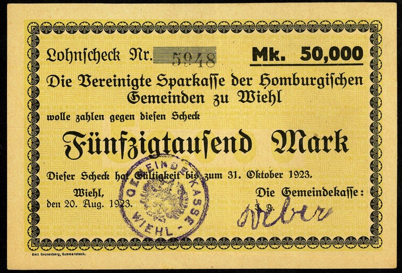 RHEINLAND. 
Wiehl, Gemeindekasse. 3x50000 Mark 20.8.1923 -31.10.1923.(Druck sch...