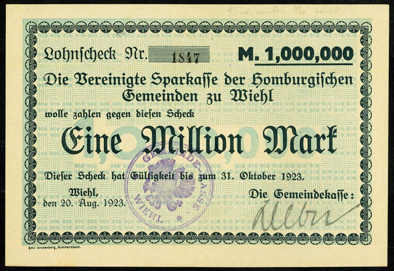 RHEINLAND. 
Wiehl, Gemeindekasse. 2x1 Mio. Mark 20.8.1923 -31.10.1923.(Lohnsche...