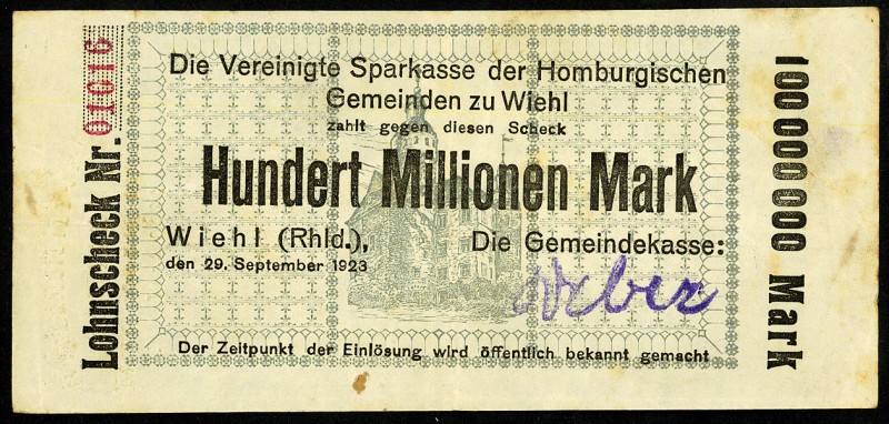 RHEINLAND. 
Wiehl, Gemeindekasse. 2x100 Mio. Mark 29.9.1923 ( Wertzeile "Einhun...