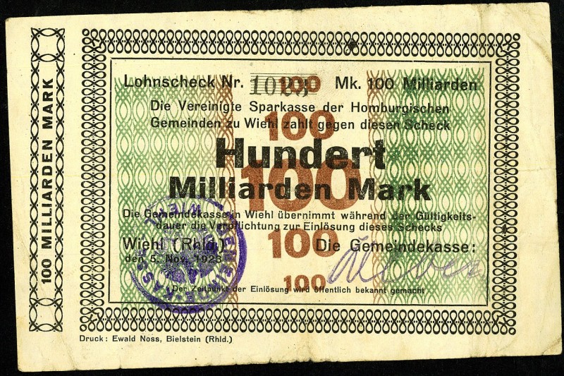 RHEINLAND. 
Wiehl, Gemeindekasse. 100 Mrd. Mark 5.11.1923 Scheck auf vereinigte...