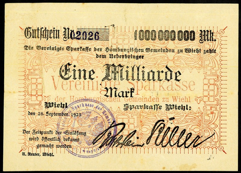 RHEINLAND. 
Wiehl, Sparkasse. 1 Mrd.Mark 28.9.1923 ".dem Überbringer " ,mit Dru...