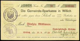 RHEINLAND. 
Willich, Gemeindekasse. 50 Mio.Mark 21.9.1923 Scheck auf Gemeinde-Sparkasse. v.E 1363, Ke. 5635. . 

II