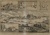 LANDKARTEN - DEUTSCHLAND.
HESSEN, Landgrafschaft.
Hildrungen. Kupferstichkarte 1645 (v. Merian?) Schloss in Landschaft, mit 3 Detailansichten, 235 x...