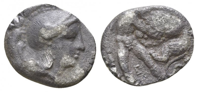 Calabria. Tarentum circa 380-325 BC.
Diobol AR

12mm., 1,02g.

Helmeted hea...