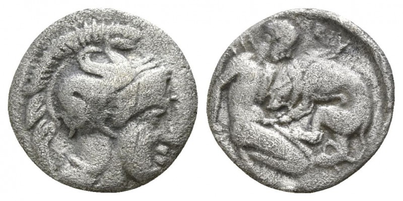 Calabria. Tarentum circa 380-325 BC.
Diobol AR

12mm., 0,90g.

Head of Athe...