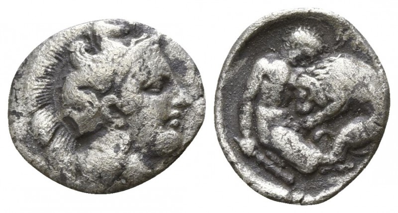 Calabria. Tarentum circa 380-325 BC.
Diobol AR

12mm., 1,01g.

Head of Athe...