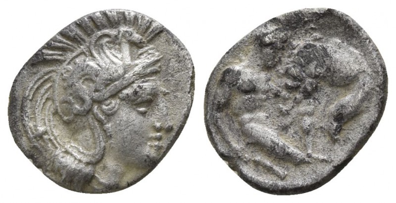 Calabria. Tarentum circa 380-325 BC.
Diobol AR

12mm., 1,08g.

Head of Athe...