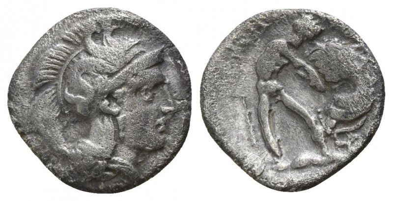 Calabria. Tarentum circa 380-325 BC.
Diobol AR

11mm., 1,01g.

Helmeted hea...
