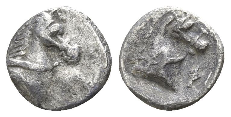 Calabria. Tarentum 380-228 BC.
Obol AR

7mm., 0,39g.

Horse's head right / ...