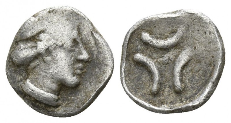 Calabria. Tarentum circa 380-325 BC.
Obol AR

9mm., 0,49g.

Female head rig...