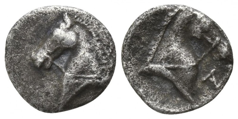 Calabria. Tarentum circa 325-280 BC.
Tritemorion AR

7mm., 0,21g.

Bridled ...