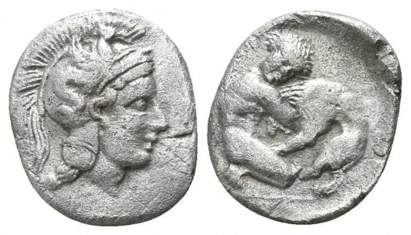 Calabria. Tarentum circa 325-280 BC.
Diobol AR

12mm., 1,14g.

Helmeted hea...