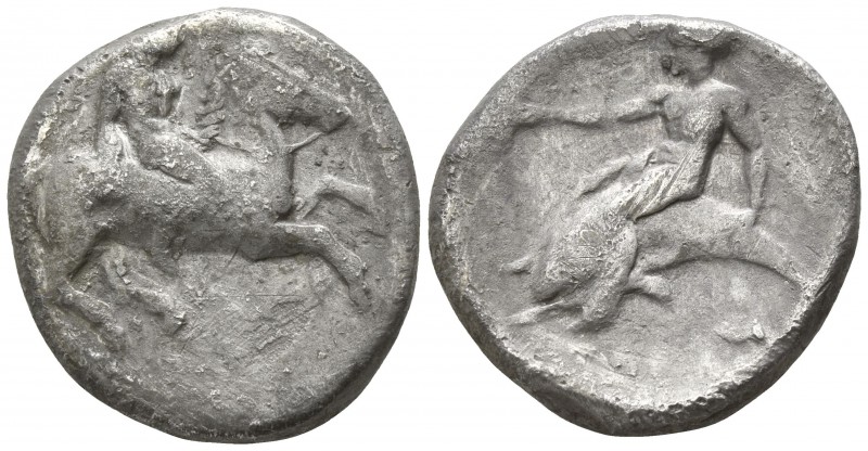 Calabria. Tarentum circa 302-280 BC.
Nomos AR

20mm., 7,68g.

Naked horsema...