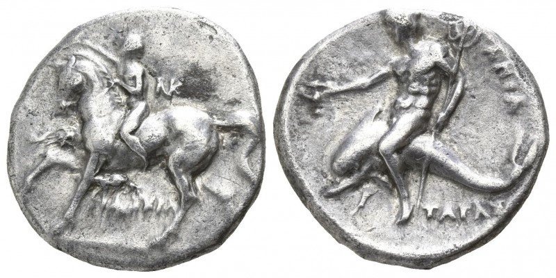 Calabria. Tarentum. ΦΙΛΟΚΡΑ-, ΑΠΟΛ-, magistrates circa 272-235 BC.
Nomos AR

...