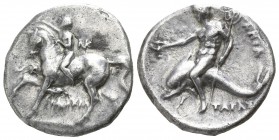 Calabria. Tarentum. ΦΙΛΟΚΡΑ-, ΑΠΟΛ-, magistrates circa 272-235 BC. Nomos AR