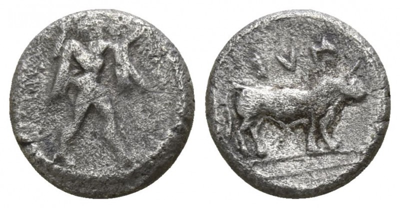 Lucania. Sybaris 453-448 BC.
Triobol AR

10mm., 1,30g.

Poseidon advancing ...
