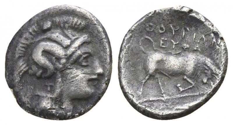 Lucania. Thurii circa 350-300 BC.
Triobol AR

12mm., 1,02g.

Head of Athena...