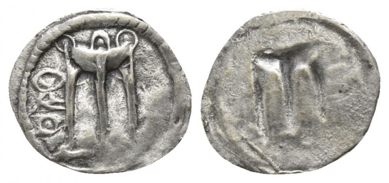 Bruttium. Kroton circa 530-500 BC.
Hemiobol AR

11mm., 0,19g.

Tripod with ...