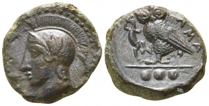 Sicily. Kamarina circa 425-405 BC.
Tetras AE

15mm., 3,21g.

Head of Athena...