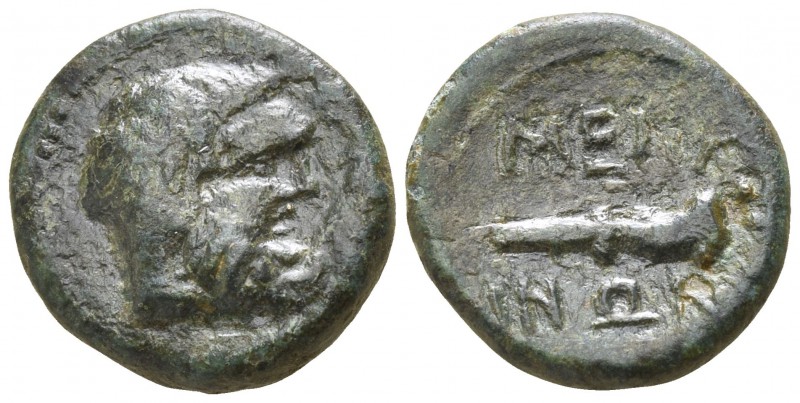 Sicily. Menaenum 210 BC.
Trias Æ

13mm., 2,62g.

Bearded head of Herakles r...