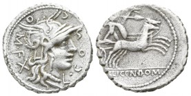 L. Pomponius Cn. f., L. Licinius and Cn. Domitius 118 BC. Rome. Serratus AR