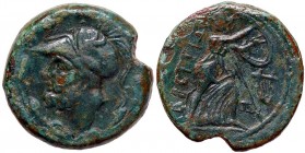 GRECHE - BRUTTIUM - Brettii - Doppia unità - Testa di Ares a s. con elmo corinzio /R Bellona a d. con lancia e scudo; a d. una lira S. Ans. 82 (AE g. ...