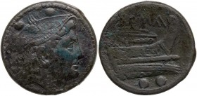 ROMANE REPUBBLICANE - ANONIME - Monete semilibrali (217-215 a.C.) - Sestante - Testa di Mercurio a d.; sopra, due globetti /R Prua di nave a d.; sotto...