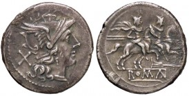 ROMANE REPUBBLICANE - ANONIME - Monete con simboli o monogrammi (211-170 a.C.) - Denario - Testa di Roma a d. /R I Dioscuri a cavallo verso d.; sotto,...
