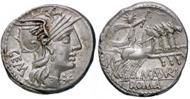 ROMANE REPUBBLICANE - ABURIA - M. Aburius M. f. Geminus (132 a.C.) - Denario - Testa di Roma a d. /R Il Sole su quadriga verso d. B. 6; Cr. 250/1 (AG ...