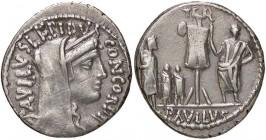 ROMANE REPUBBLICANE - AEMILIA - L. Aemilius Lepidus Paullus (62 a.C.) - Denario - Testa della Concordia a d. /R Lucius Aemiliu Paullus stante a s. di ...