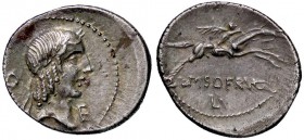 ROMANE REPUBBLICANE - CALPURNIA - C. Calpurnius Piso L. f. Frugi (67 a.C.) - Denario - Busto di Apollo a d. /R Cavaliere a d. regge una palma Cr. 408 ...