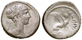 ROMANE REPUBBLICANE - CARISIA - T. Carisius (46 a.C.) - Denario - Testa della Sibilla d'Afrodisia /R Sfinge a d. Cr. 464/1 (AG g. 3,9)
qBB