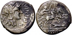 ROMANE REPUBBLICANE - CIPIA - M. Cipius M. F. (115-114 a.C.) - Denario - Testa di Roma a d. /R La Vittoria su biga verso d.; sotto, timone B. 1; Cr. 2...