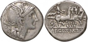 ROMANE REPUBBLICANE - CLAUDIA - Ap. Claudius Pulcher, T. Manlius Mancinus e Q. Urbinus (111-110 a.C.) - Denario - Testa di Roma a d. /R La Vittoria su...