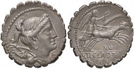 ROMANE REPUBBLICANE - CLAUDIA - Ti. Claudius Ti. F. Ap. n. Nero (79 a.C.) - Denario serrato - Busto di Diana a d. con arco e faretra /R La Vittoria su...