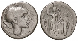 ROMANE REPUBBLICANE - CORNELIA - Cn. Cornelius Blasio Cn. F. (112-111 a.C.) - Denario - Testa elmata di Scipione a d. /R Giove stante di fronte tra Gi...