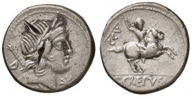 ROMANE REPUBBLICANE - CREPUSIA - Pub. Crepusius (82 a.C.) - Denario - Testa di Apollo a d., dietro uno scettro /R Cavaliere al galoppo a d. con lancia...