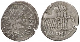 ROMANE REPUBBLICANE - DOMITIA - Cn. Domitius Ahenobarbus (116-115 a.C.) - Denario - Testa di Roma a d. /R Giove su quadriga verso d. B. 7; Cr. 285/1 (...