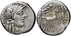 ROMANE REPUBBLICANE - FANNIA - M. Fannius C. f. (123 a.C.) - Denario - Testa di Roma a d. /R La Vittoria con corona su quadriga verso d. B. 1; Cr. 275...