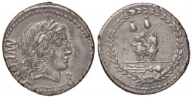 ROMANE REPUBBLICANE - FONTEIA - Man. Fonteius C. f. (85 a.C.) - Denario - Testa di Apollo Vejovis a d.; sotto, un fulmine /R Il Genio di Apollo Vejovi...