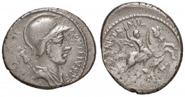 ROMANE REPUBBLICANE - FONTEIA - P. Fonteius P. f. Capito (55 a.C.) - Denario - Busto di Marte a d. con trofeo sulla spalla /R Cavaliere verso d.; sott...