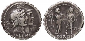 ROMANE REPUBBLICANE - FUFIA - Q. Fufius Calenus e Mucius Cordius (70 a.C.) - Denario serrato - Teste dell'Onore e del Valore accodate verso d. /R L'It...