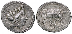 ROMANE REPUBBLICANE - FURIA - P. Furius Crassipes (84 a.C.) - Denario - Testa di Cibele a d.; dietro, un piede umano volto in alto /R Sedia curule B. ...