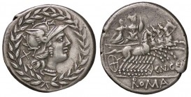 ROMANE REPUBBLICANE - GELLIA - Cn. Gellius (138 a.C.) - Denario - Testa di Roma a d. entro corona d'alloro /R Marte su quadriga a d. con la dea Nerio ...