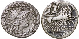 ROMANE REPUBBLICANE - GELLIA - Cn. Gellius (138 a.C.) - Denario - Testa di Roma a d. entro corona d'alloro /R Marte su quadriga a d. con la dea Nerio ...