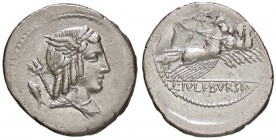 ROMANE REPUBBLICANE - JULIA - L. Julius Bursio (85 a.C.) - Denario - Testa di Apollo Vejovis a d.; dietro, un tridente e un pesce /R La Vittoria su qu...