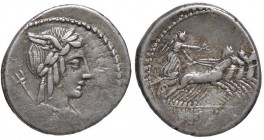 ROMANE REPUBBLICANE - JULIA - L. Julius Bursio (85 a.C.) - Denario - Testa di Apollo Vejovis a d.; dietro, un tridente /R La Vittoria su quadriga vers...